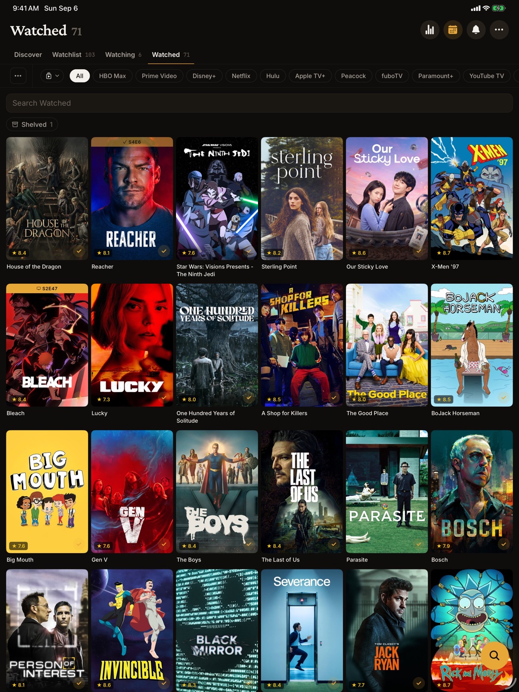 The Watched grid on iPad, six posters across