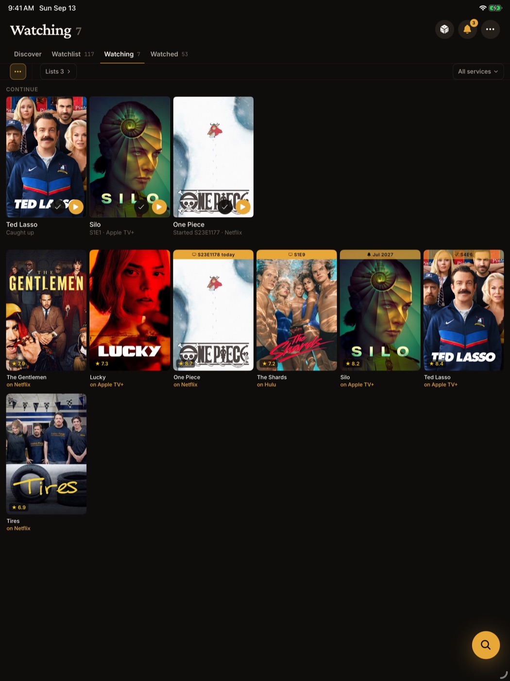 The Watching tab on iPad with the Continue row above the grid