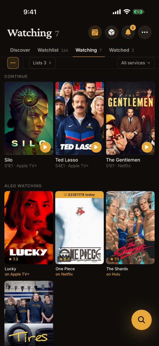 The Watching tab with the Continue row, each show with its next episode and a play button, above the rest of what you are watching
