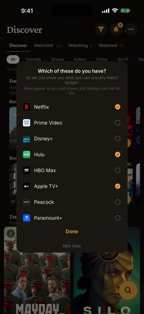 The My services sheet asking which streaming services you have