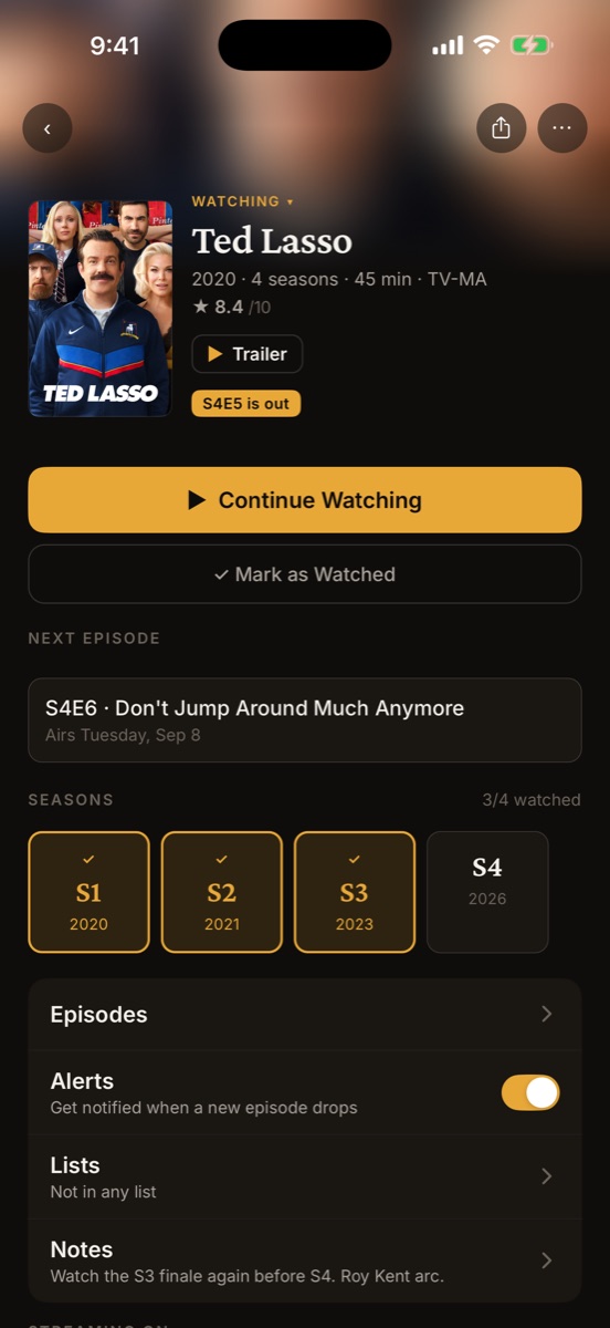 A show's page with the next episode, its air date and an alert switch