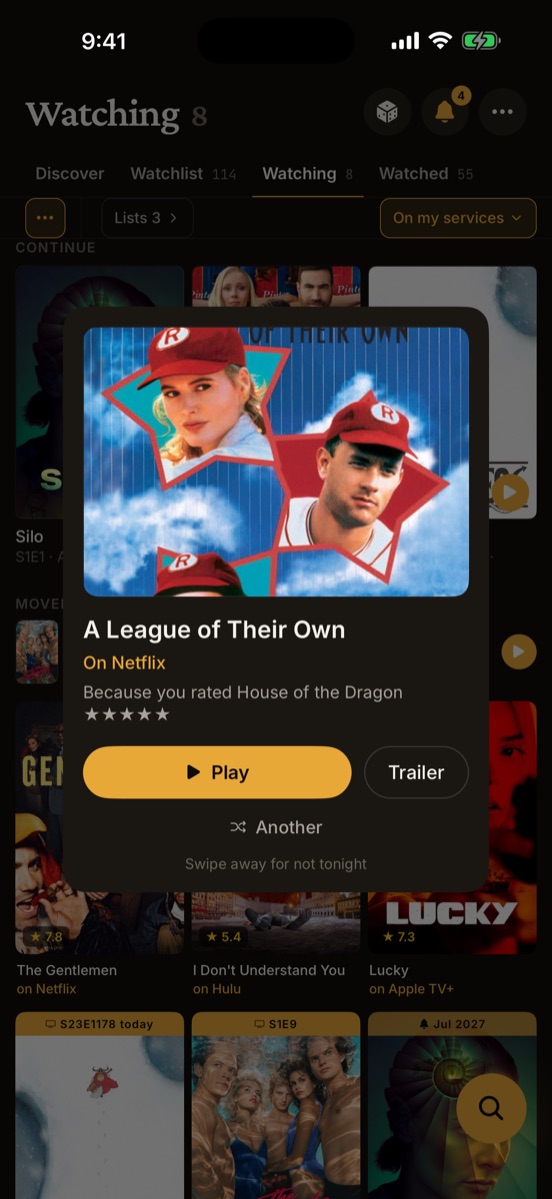 The Pick for me card: one film, On Netflix, with Play and Trailer buttons