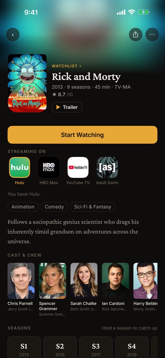 A show's page listing every streaming service it is on, with the one you have ringed and named